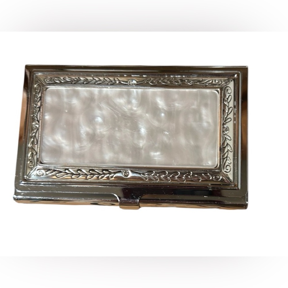 Brighton Tapestry Card Case Elegant Silver and Pearl Top With Mirrored inside